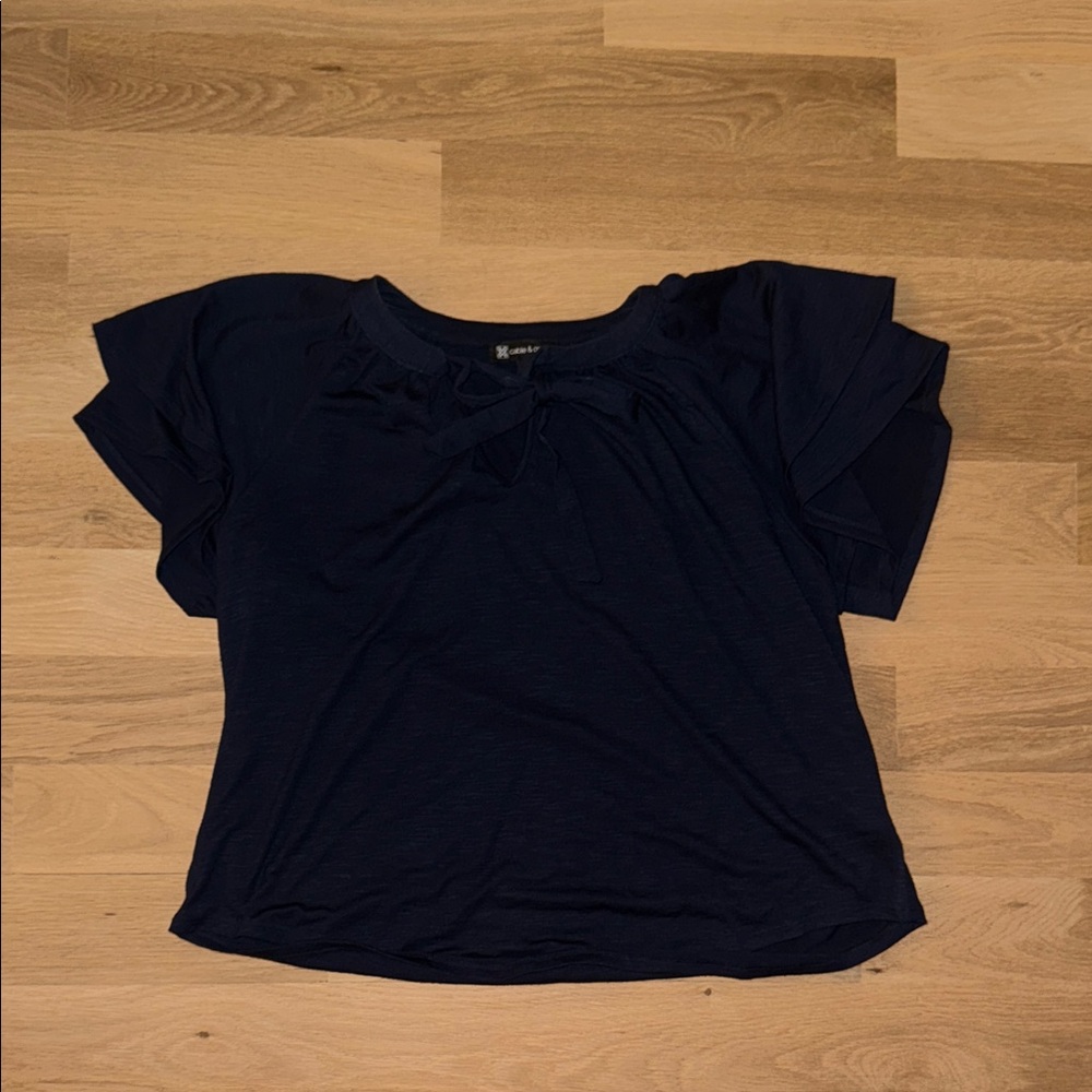Cable & Gauge Navy Short Sleeve Tie-Front Top